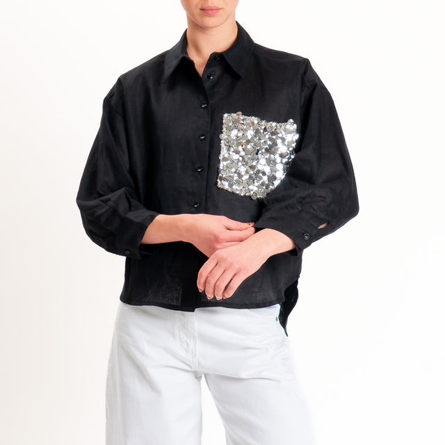 Motel-Camicia 100% lino tasca paillettes - nero