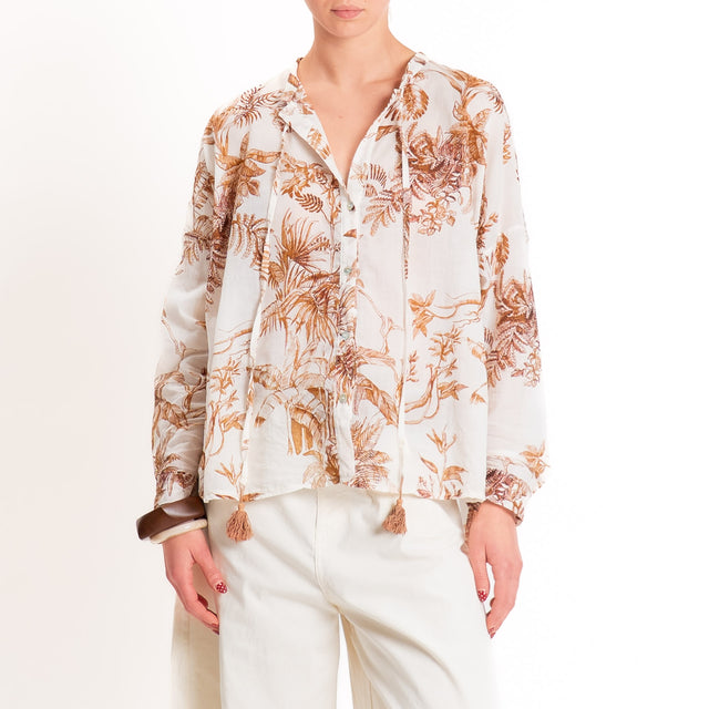 Motel-Camicia mussola fantasia jungle con nappine - caramello/burro