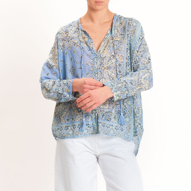 Motel-Camicia mussola fantasia bandana con nappine - cielo/acqua/senape