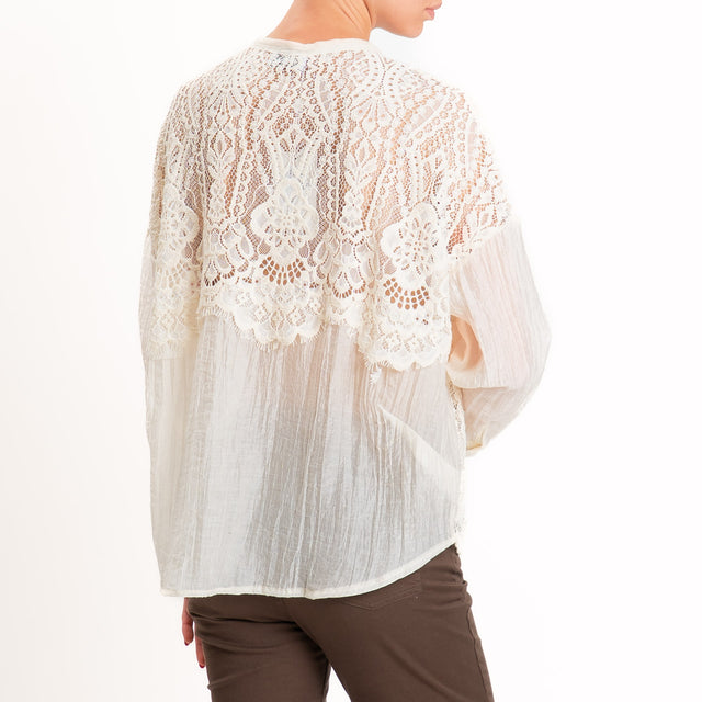 Motel-Camicia doppio tessuto con pizzo e lyocell - burro