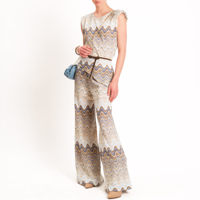 Motel-Blusa smanicata wavy pattern asimmetrica - burro/azzurro/choco