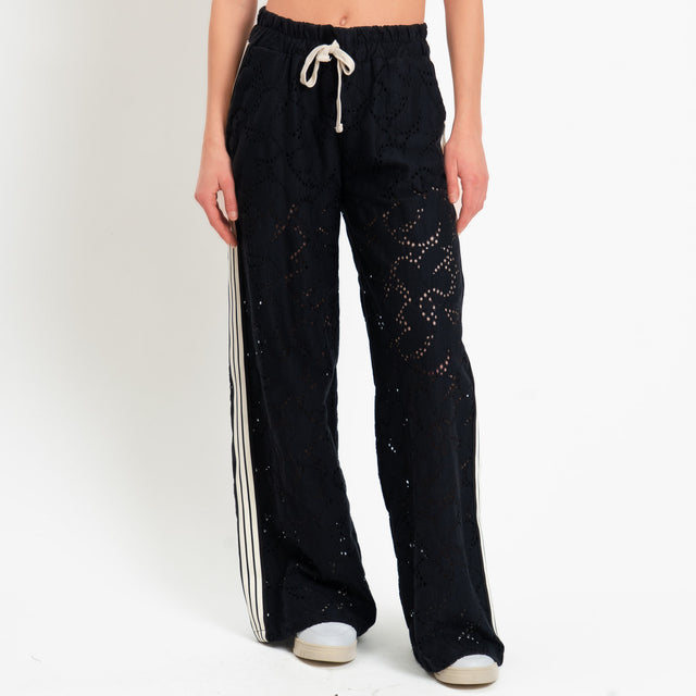 Motel-Pantalone traforata bande laterali con coulisse - nero/burro