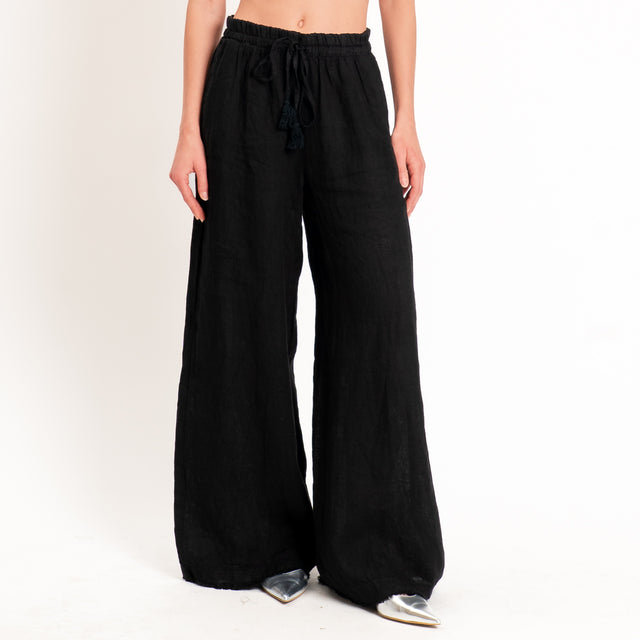 Motel-Pantalone 100% lino elastico con coulisse - nero