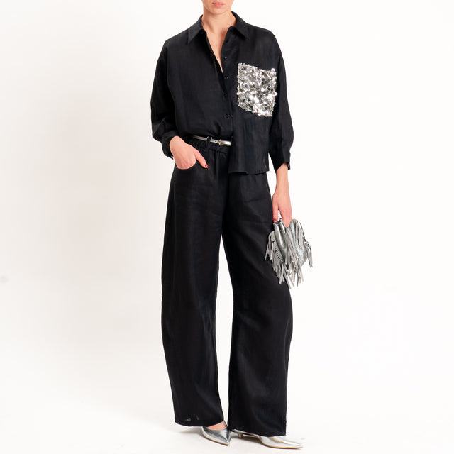 Motel-Pantalone 100 % lino barrel fit - nero