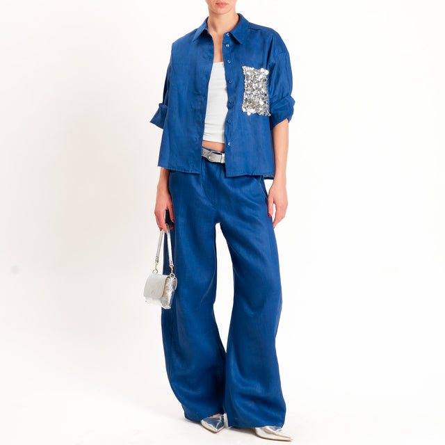 Motel-Pantalone 100 % lino barrel fit - indaco