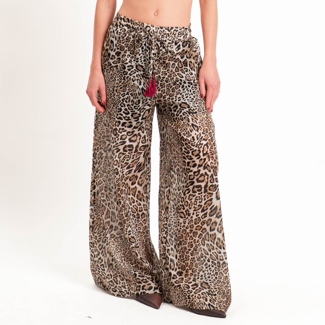 Motel-Pantalone mussola animalier con coulisse - beige/nero