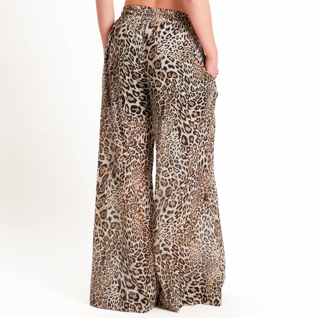 Motel-Pantalone mussola animalier con coulisse - beige/nero