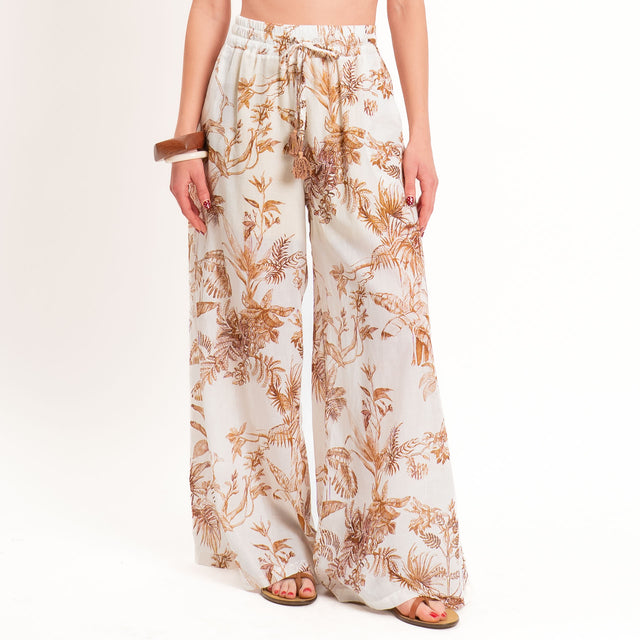 Motel-Pantalone mussola fantasia jungle con coulisse - caramello/burro