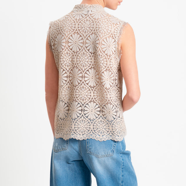 Motel-Camicia mandarin smanicata pizzo macramè - sabbia