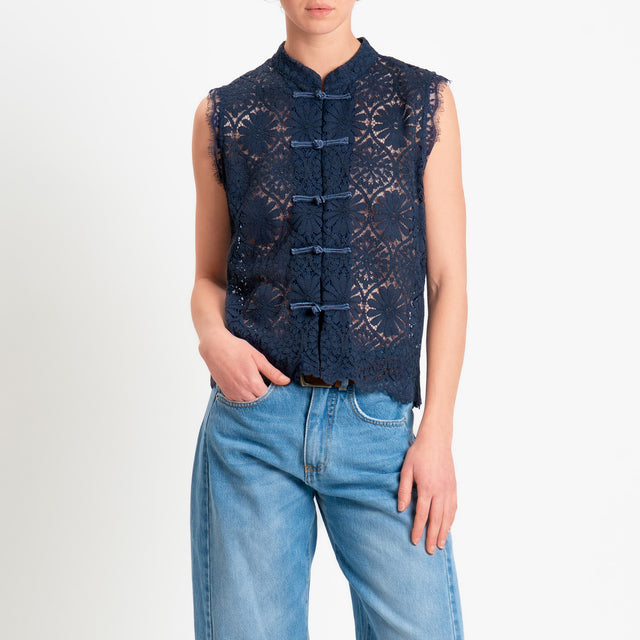 Motel-Camicia mandarin smanicata pizzo macramè - blu