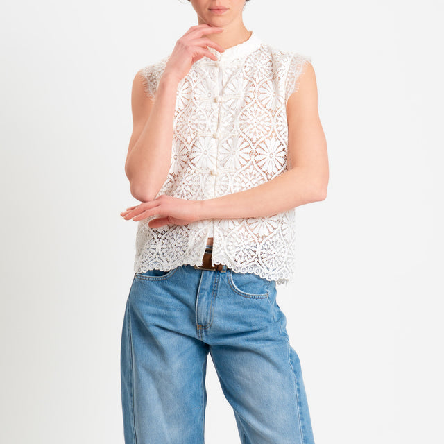 Motel-Camicia mandarin smanicata pizzo macramè - burro