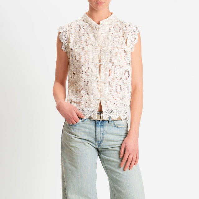 Motel-Camicia mandarin in pizzo macramè smanicata con micro pailettes - burro