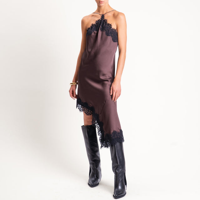 Motel-Abito satin con pizzo - marrone/nero
