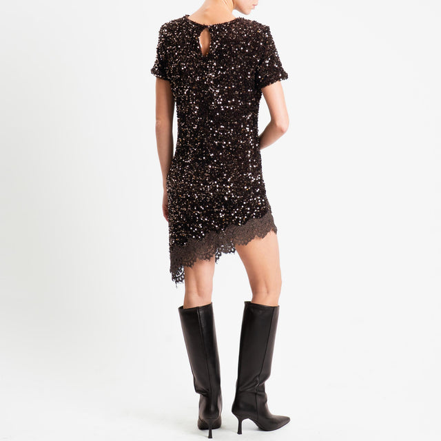 Motel-Abito asimmetrico paillettes+pizzo - moro