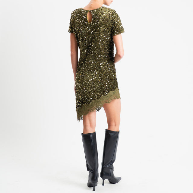Motel-Abito asimmetrico paillettes+pizzo - militare