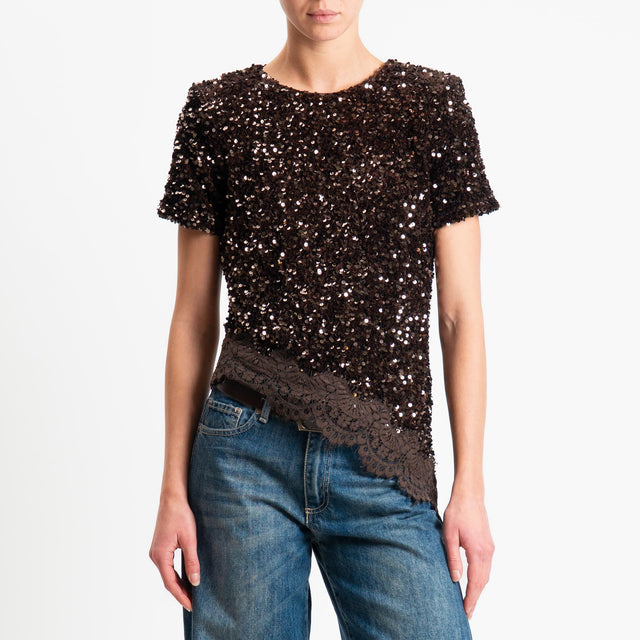 Motel-Blusa asimmetrica paillettes+pizzo - moro