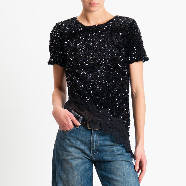 Motel-Blusa asimmetrica paillettes+pizzo - Nero