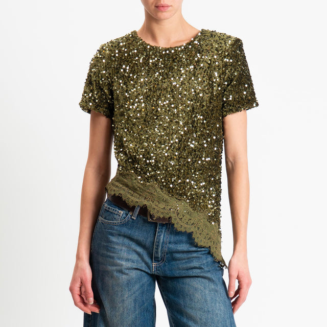 Motel-Blusa asimmetrica paillettes+pizzo - militare