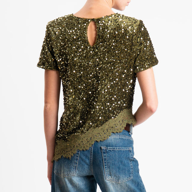 Motel-Blusa asimmetrica paillettes+pizzo - militare