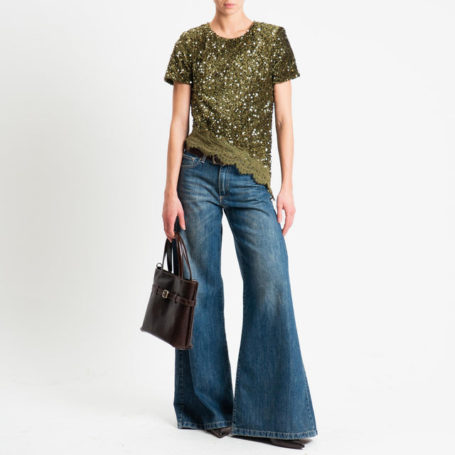 Motel-Blusa asimmetrica paillettes+pizzo - militare