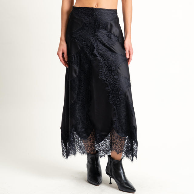 Motel-Gonna ad A in satin con pizzo - nero