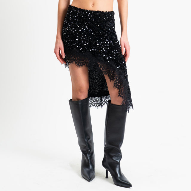 Motel-Gonna asimmetrica paillettes + pizzo - nero