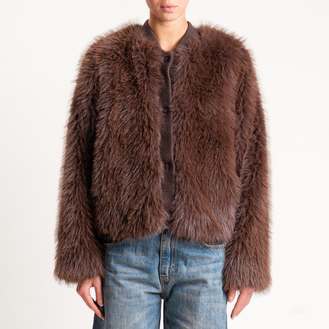 Motel- Bomber ecopelliccia con bordo in maglia - moro