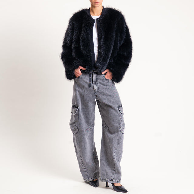 Motel- Bomber ecopelliccia con bordo in maglia - Nero