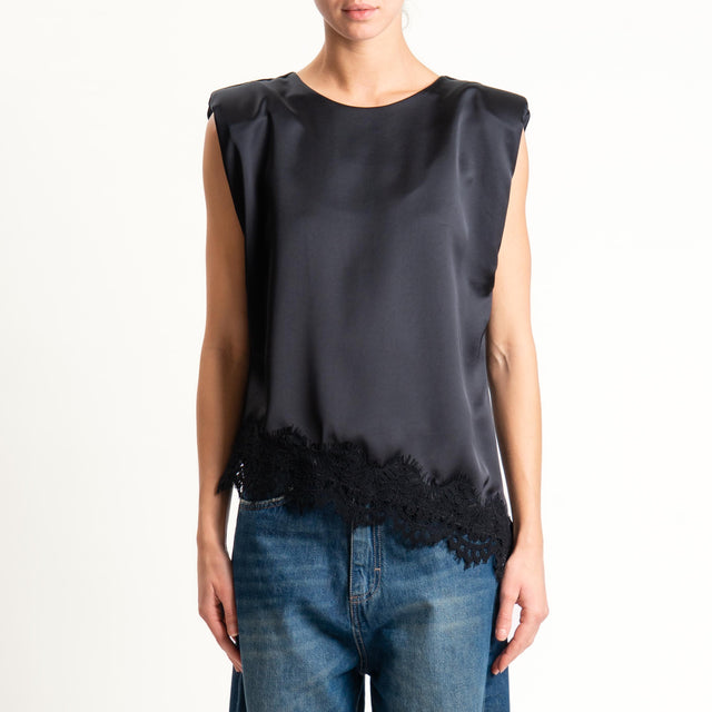 Motel- Blusa smanicata satin con pizzo - Nero
