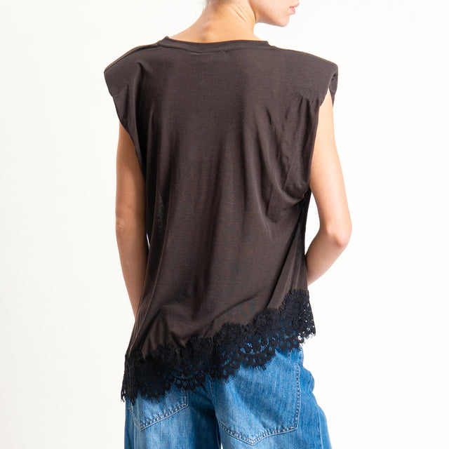 Motel-T-shirt asimmetrico con spalline e pizzo - moro