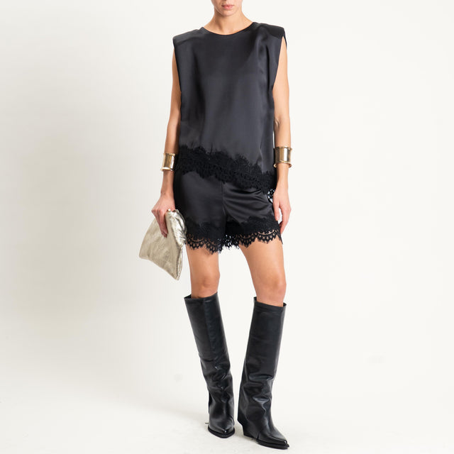 Motel-Shorts in satin con pizzo - nero