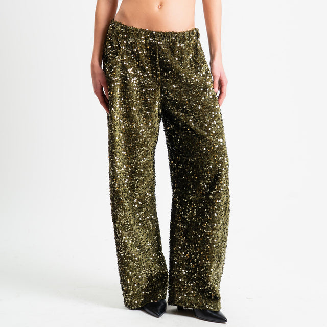 Motel-Pantalone paillettes elastico in vita - militare