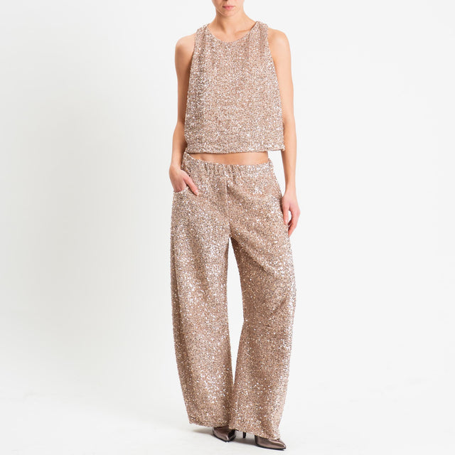 Motel-Pantalone barrel paillettes velluto ciniglia - nude
