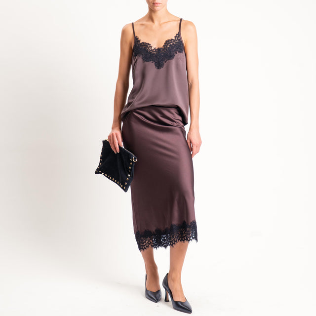 Motel-Top satin con pizzo - marrone/nero