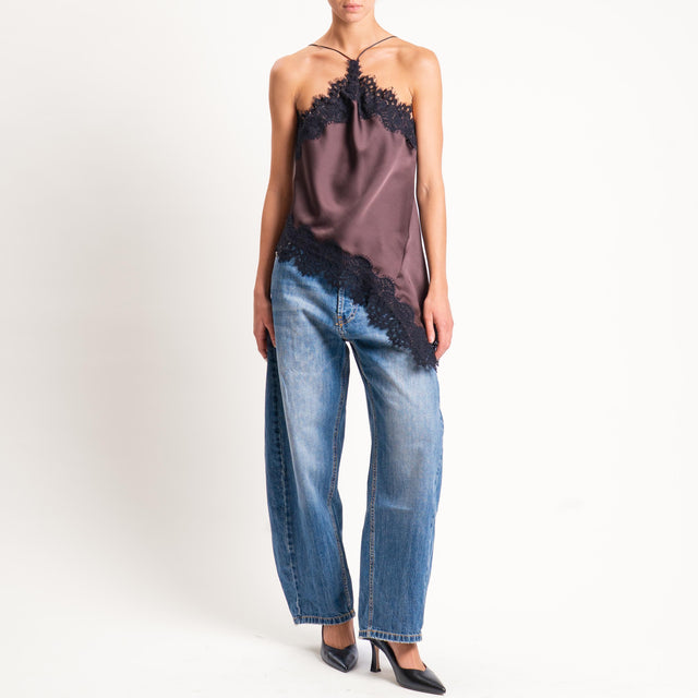 Motel-Top satin con pizzo - marrone/nero
