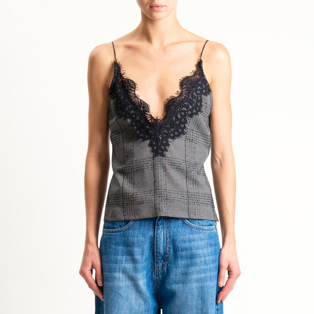 Motel-Top pied de poule con pizzo - grigio/nero