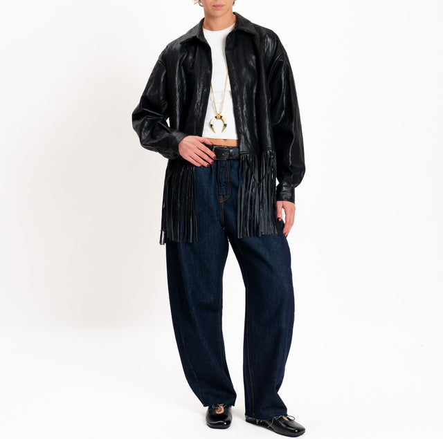 Motel-Giacca camicia similpelle con frange - nero