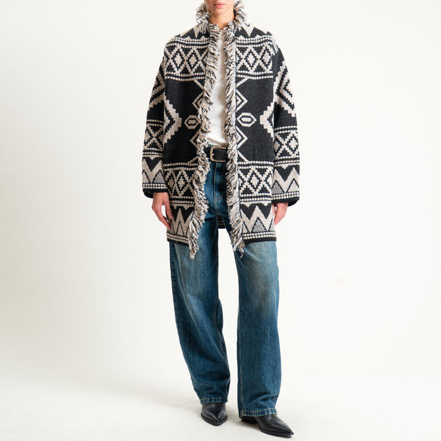 Motel- Cardigan jacquard con frange - black/sand/off white