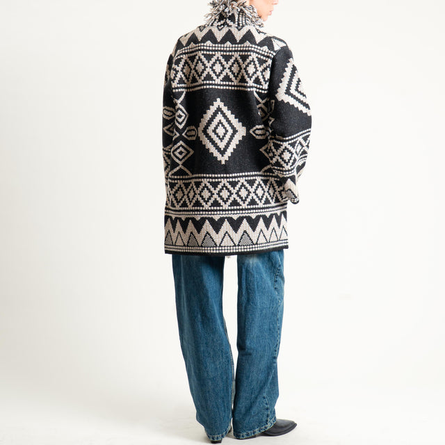 Motel- Cardigan jacquard con frange - black/sand/off white