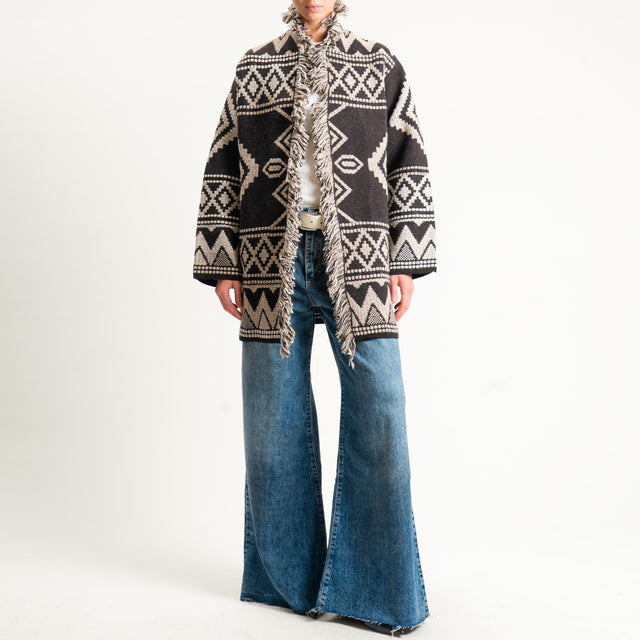 Motel- Cardigan jacquard con frange - brown/sand/off white