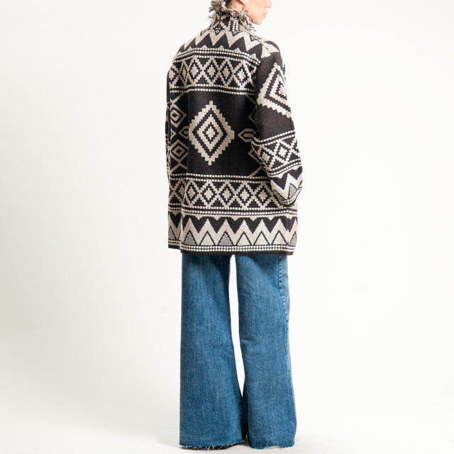 Motel- Cardigan jacquard con frange - brown/sand/off white
