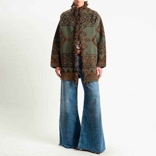 Motel- Cardigan jacquard con frange - green/black/brown