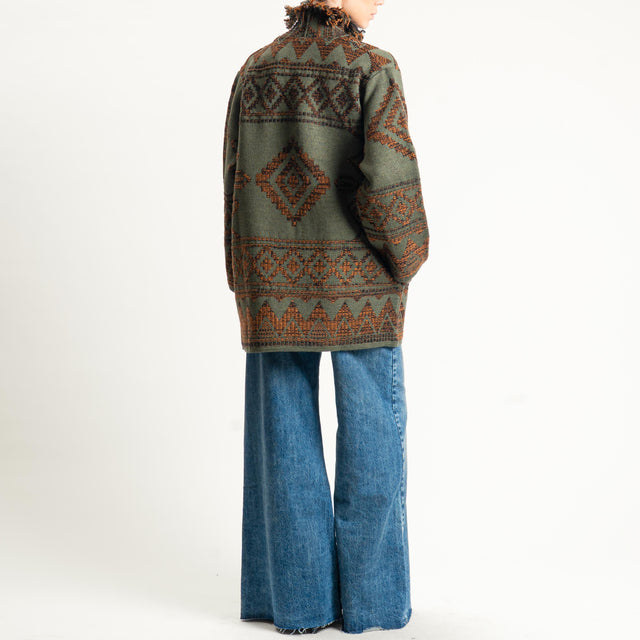 Motel- Cardigan jacquard con frange - green/black/brown