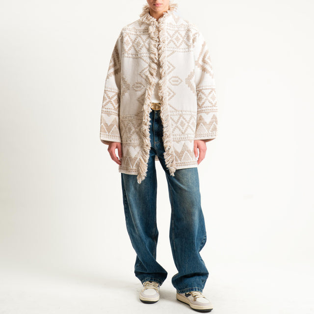 Motel- Cardigan jacquard con frange - off white/sand