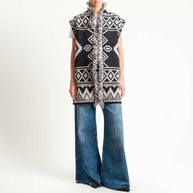 Motel- Gilet jacquard con frange - black/sand/off white