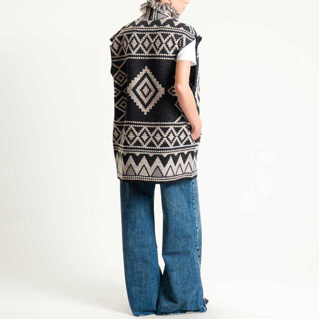 Motel- Gilet jacquard con frange - black/sand/off white