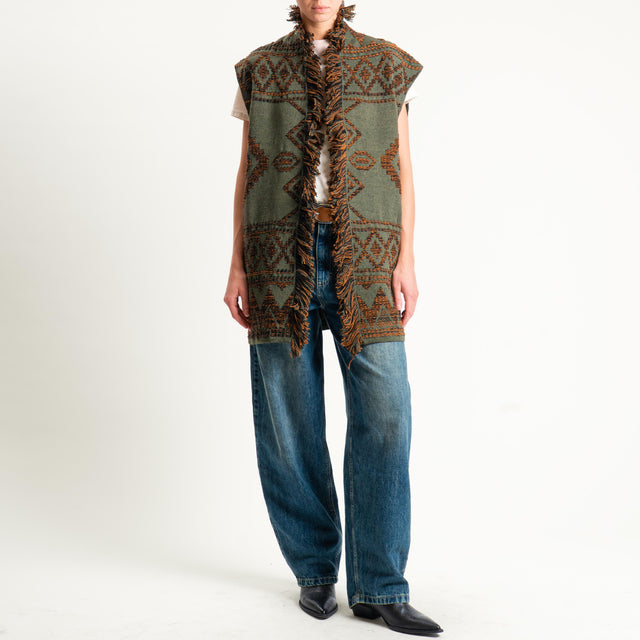 Motel- Gilet jacquard con frange - green/black/brown