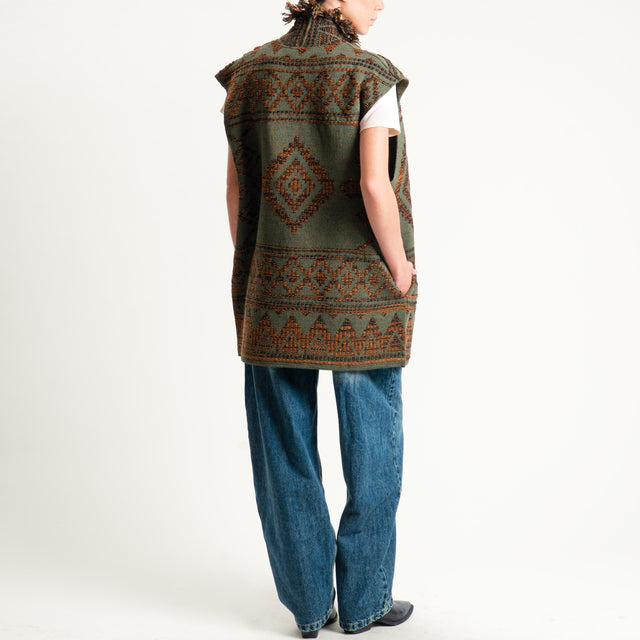 Motel- Gilet jacquard con frange - green/black/brown