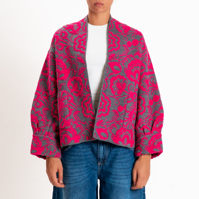 Motel-Cardigan misto alpaca fantasia floreale - grigio/fucsia