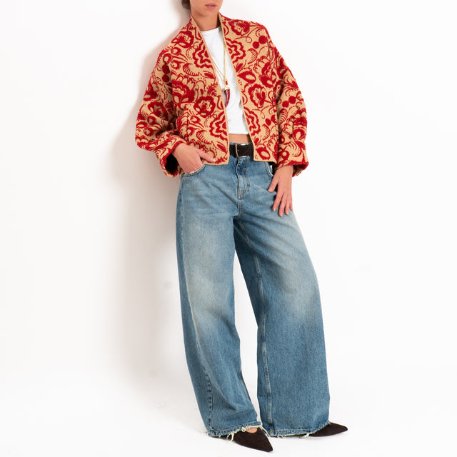 Motel-Cardigan misto alpaca fantasia floreale - cammello/rosso